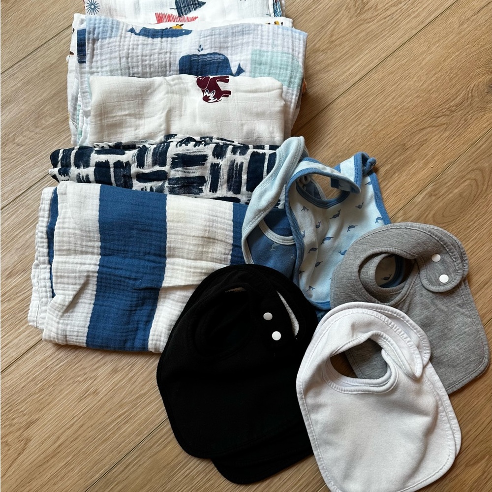 Assorted Baby Bibs and Muslin Swaddle Blankets